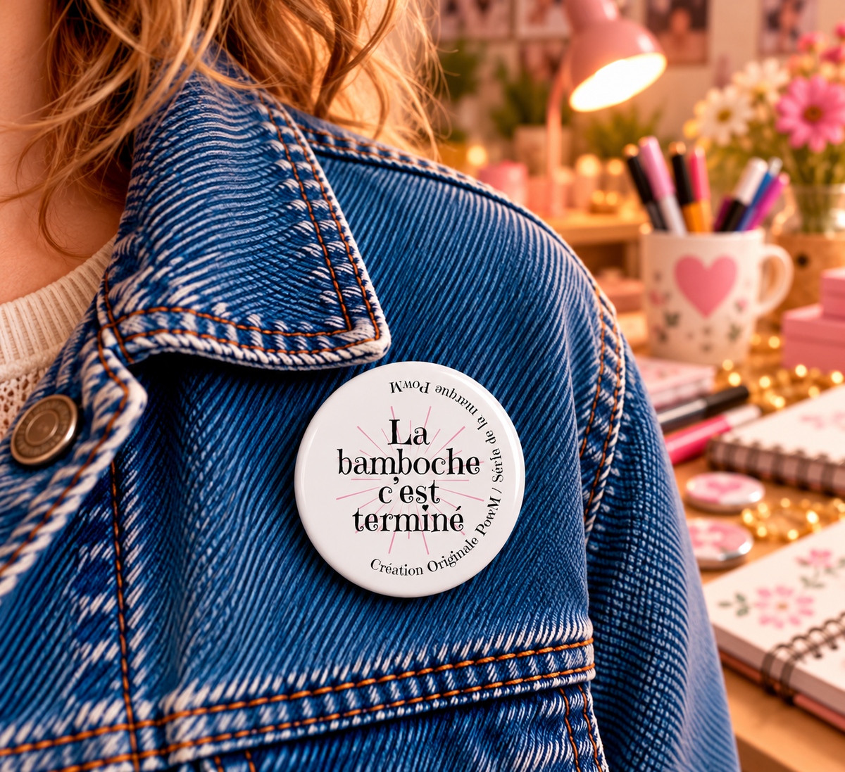 Badge Création originale PowM –  "La bamboche c'est terminé"