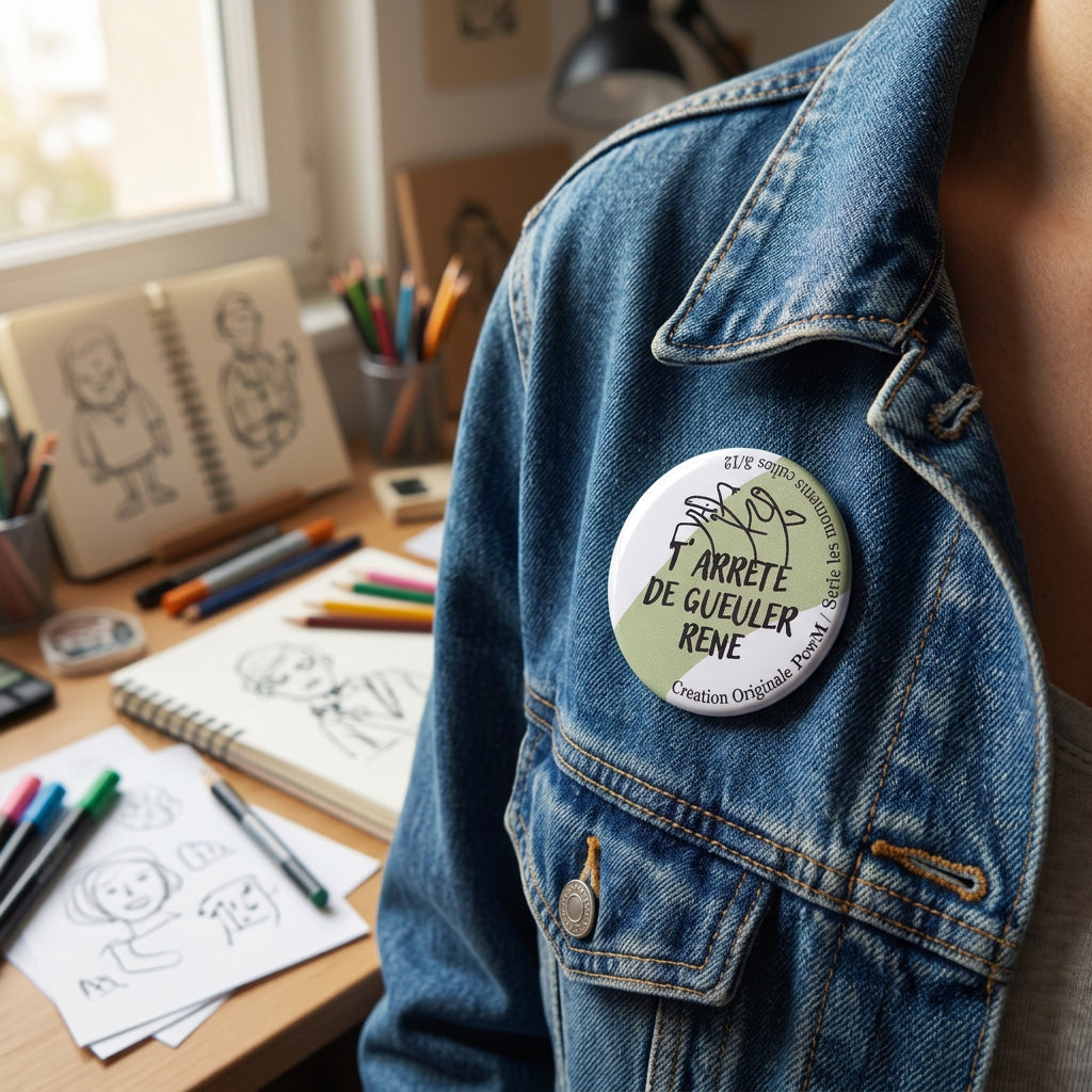 Badge rond "T'arrete de gueuler Rene" — badge seul