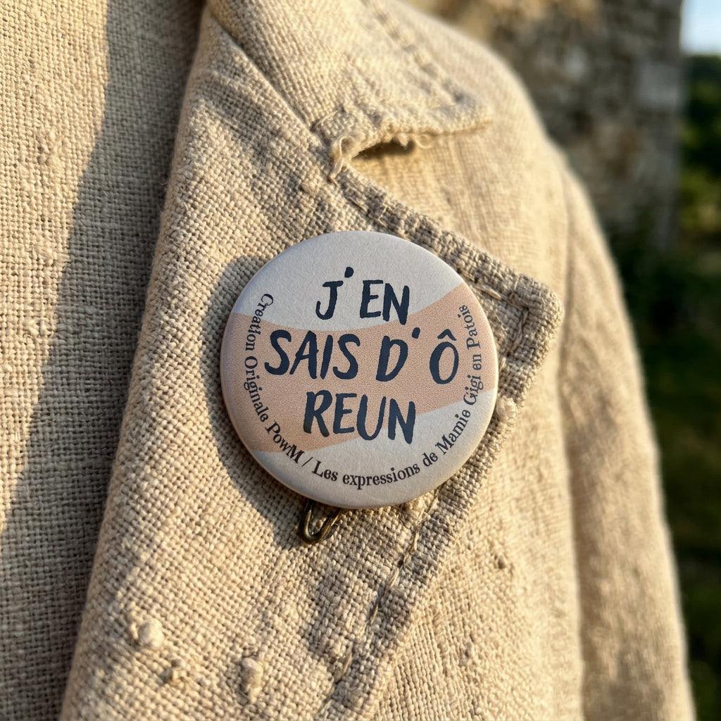 Badge rond J’en sais d’où”, “description”:  — badge seul