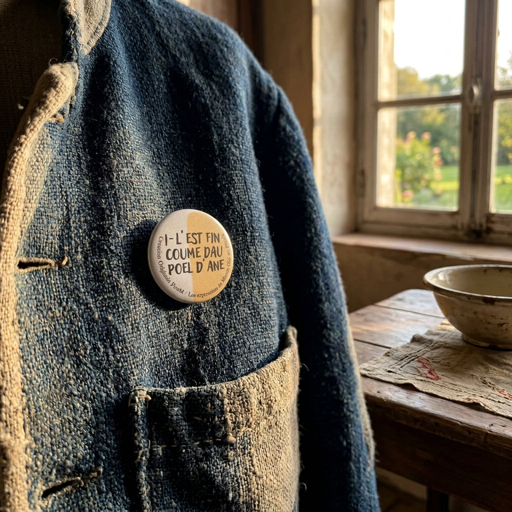 Badge rond "I-L’Est Fin Coume Dau Poel D’Ane" — badge seul