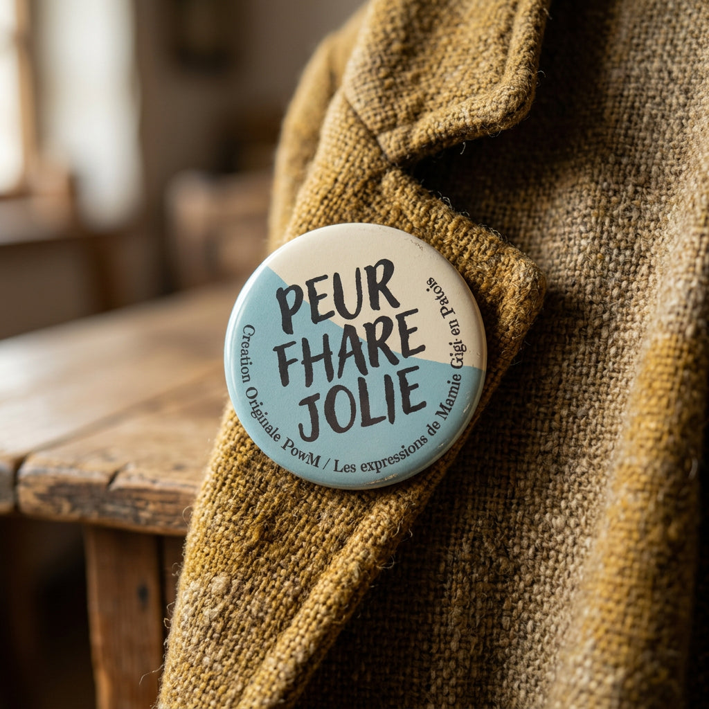 Badge rond PEUR FHARE JOLIE — badge seul