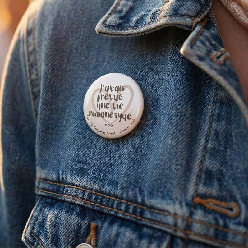 Badge rond J’quais prévue une vie romanesque”,
 — badge seul